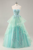 Strapless Uma linha verde espartilho longo vestido de baile com lantejoulas