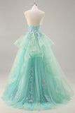 Strapless Uma linha verde espartilho longo vestido de baile com lantejoulas