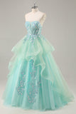 Strapless Uma linha verde espartilho longo vestido de baile com lantejoulas