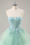 Strapless Uma linha verde espartilho longo vestido de baile com lantejoulas