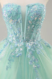 Strapless Uma linha verde espartilho longo vestido de baile com lantejoulas