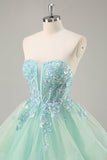 Strapless Uma linha verde espartilho longo vestido de baile com lantejoulas