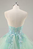 Strapless Uma linha verde espartilho longo vestido de baile com lantejoulas