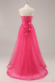 Fuchsia Corset Slit Strapless Long Prom Dress com Apliques