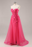 Fuchsia Corset Slit Strapless Long Prom Dress com Apliques