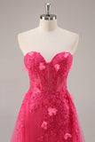 Fuchsia Corset Slit Strapless Long Prom Dress com Apliques