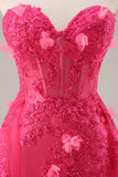 Fuchsia Corset Slit Strapless Long Prom Dress com Apliques