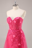 Fuchsia Corset Slit Strapless Long Prom Dress com Apliques