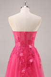 Fuchsia Corset Slit Strapless Long Prom Dress com Apliques