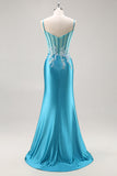 Sereia Cetim Corset Blue Prom Vestido com Missangas