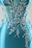 Sereia Cetim Corset Blue Prom Vestido com Missangas