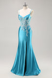 Sereia Cetim Corset Blue Prom Vestido com Missangas