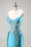 Sereia Cetim Corset Blue Prom Vestido com Missangas