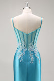 Sereia Cetim Corset Blue Prom Vestido com Missangas