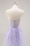 Vestido de baile de formatura de espartilho sem alças lilás com sobreposição destacável