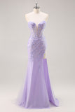 Vestido de baile de formatura de espartilho sem alças lilás com sobreposição destacável