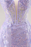 Vestido de baile de formatura de espartilho sem alças lilás com sobreposição destacável