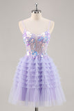 Tule roxo em camadas uma linha Homecoming Dress com apliques