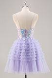 Tule roxo em camadas uma linha Homecoming Dress com apliques