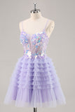 Tule roxo em camadas uma linha Homecoming Dress com apliques