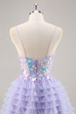 Tule roxo em camadas uma linha Homecoming Dress com apliques