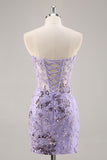 Strapless friso bodycon vestido roxo Homecoming com apliques