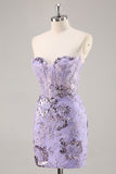 Strapless friso bodycon vestido roxo Homecoming com apliques