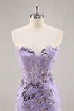 Strapless friso bodycon vestido roxo Homecoming com apliques