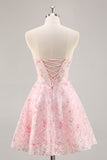 Espartilho cor-de-rosa A Line Strapless Homecoming Dress com apliques