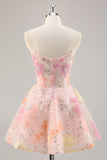 Espartilho Floral Sequin Strapless Rosa Homecoming Dress