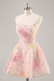 Espartilho Floral Sequin Strapless Rosa Homecoming Dress
