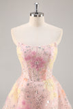 Espartilho Floral Sequin Strapless Rosa Homecoming Dress