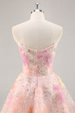Espartilho Floral Sequin Strapless Rosa Homecoming Dress