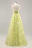 Floral verde amarelo Uma linha cortada longo vestido de baile