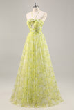 Floral verde amarelo Uma linha cortada longo vestido de baile