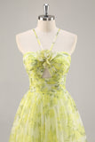 Floral verde amarelo Uma linha cortada longo vestido de baile