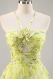Floral verde amarelo Uma linha cortada longo vestido de baile