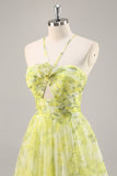 Floral verde amarelo Uma linha cortada longo vestido de baile