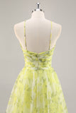 Floral verde amarelo Uma linha cortada longo vestido de baile