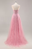 Espartilho rosa brilhante uma linha longo vestido de baile