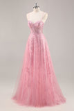 Espartilho rosa brilhante uma linha longo vestido de baile