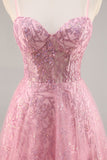 Espartilho rosa brilhante uma linha longo vestido de baile