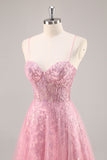Espartilho rosa brilhante uma linha longo vestido de baile