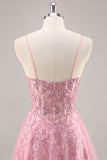 Espartilho rosa brilhante uma linha longo vestido de baile