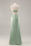 Sage Green cetim sem alças vestido longo dama de honra com fenda