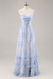 Azul Linha-A Chiffon Longos Vestido Para Casamento Convidada com Fenda