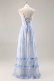 Azul Linha-A Chiffon Longos Vestido Para Casamento Convidada com Fenda