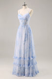 Azul Linha-A Chiffon Longos Vestido Para Casamento Convidada com Fenda