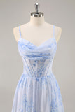 Azul Linha-A Chiffon Longos Vestido Para Casamento Convidada com Fenda