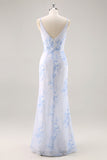 Azul Decote em V Bainha Flores Vestido Para Casamento Convidada com fenda